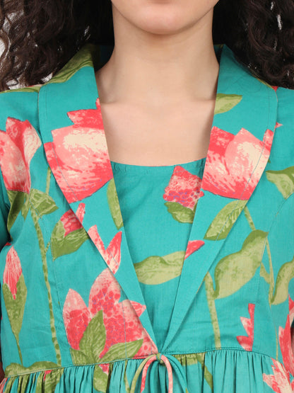 Red Floral Printed Cotton Lepal Neck Peplum Top