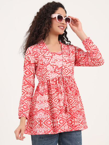 Red Floral Print Cotton Fabric Lepal Coller Peplum Top