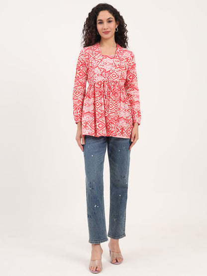 Red Floral Print Cotton Fabric Lepal Coller Peplum Top