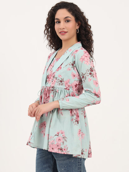 Turquoise Floral Print Cotton Fabric Lepal Coller Peplum Top