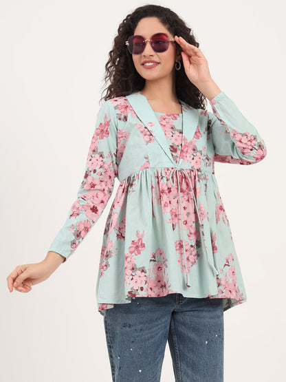 Turquoise Floral Print Cotton Fabric Lepal Coller Peplum Top