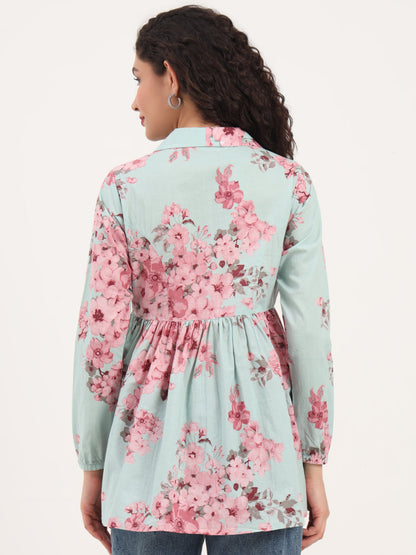 Turquoise Floral Print Cotton Fabric Lepal Coller Peplum Top
