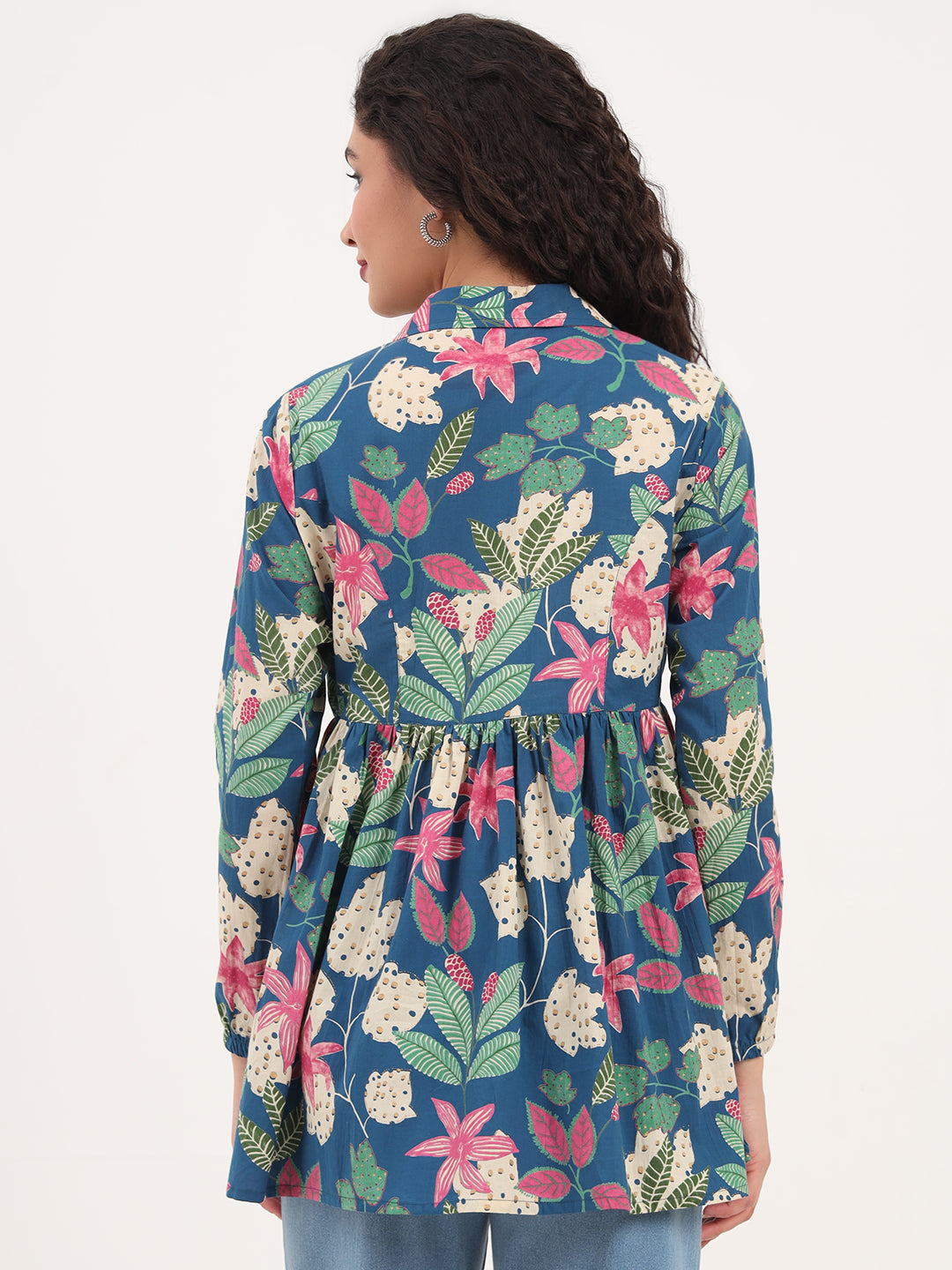 Blue Floral Print Cotton Fabric Lepal Coller Peplum Top