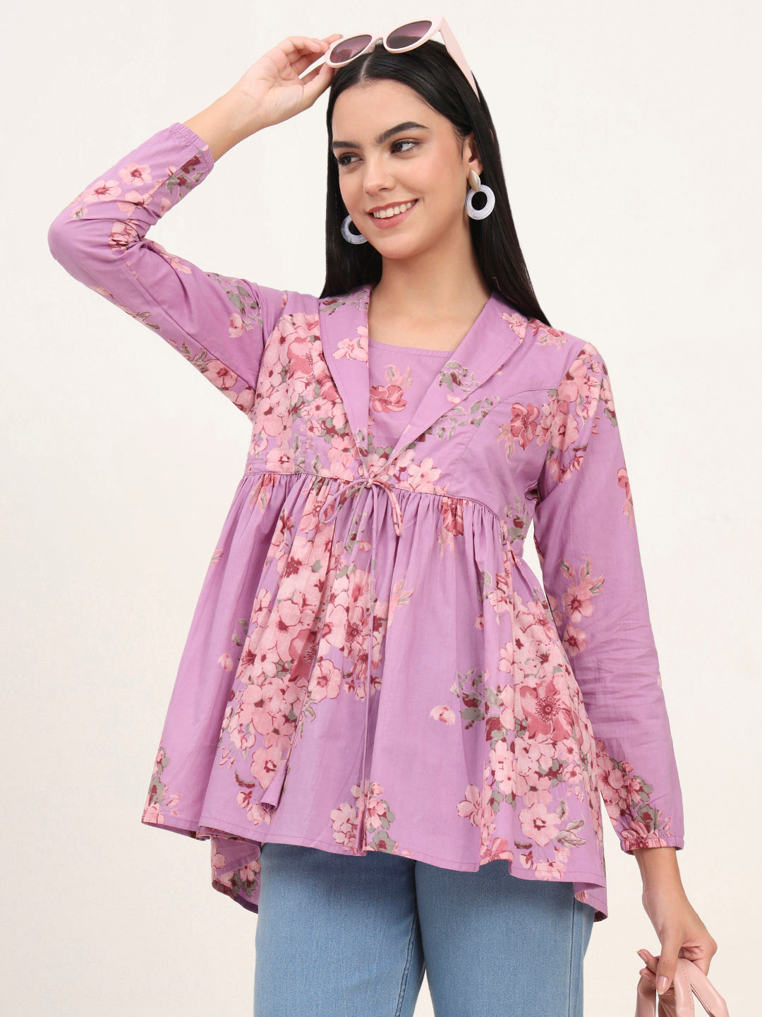 Purple Floral Print Cotton Fabric Lepal Coller Peplum Top