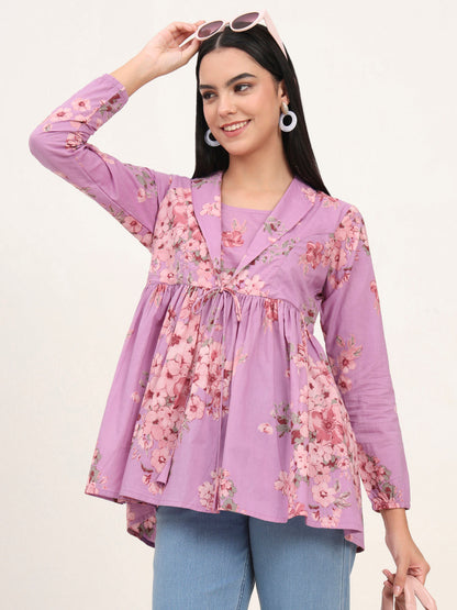 Purple Floral Print Cotton Fabric Lepal Coller Peplum Top