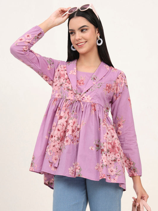 Purple Floral Print Cotton Fabric Lepal Coller Peplum Top