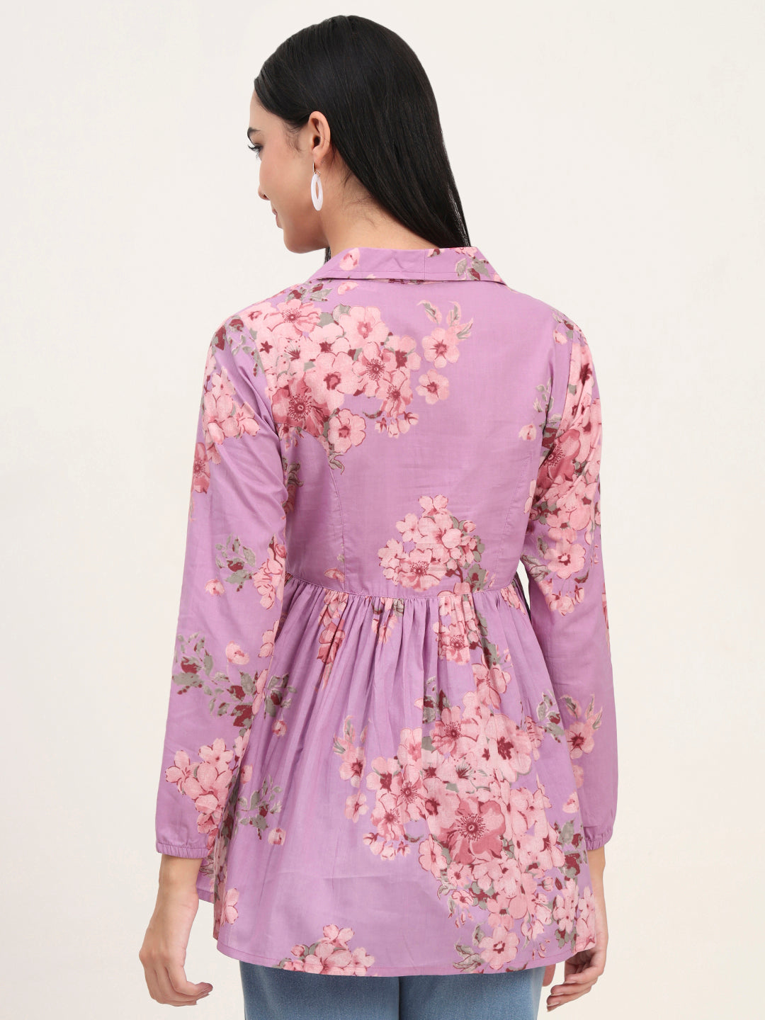 Purple Floral Print Cotton Fabric Lepal Coller Peplum Top