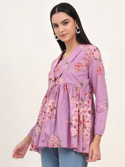 Purple Floral Print Cotton Fabric Lepal Coller Peplum Top