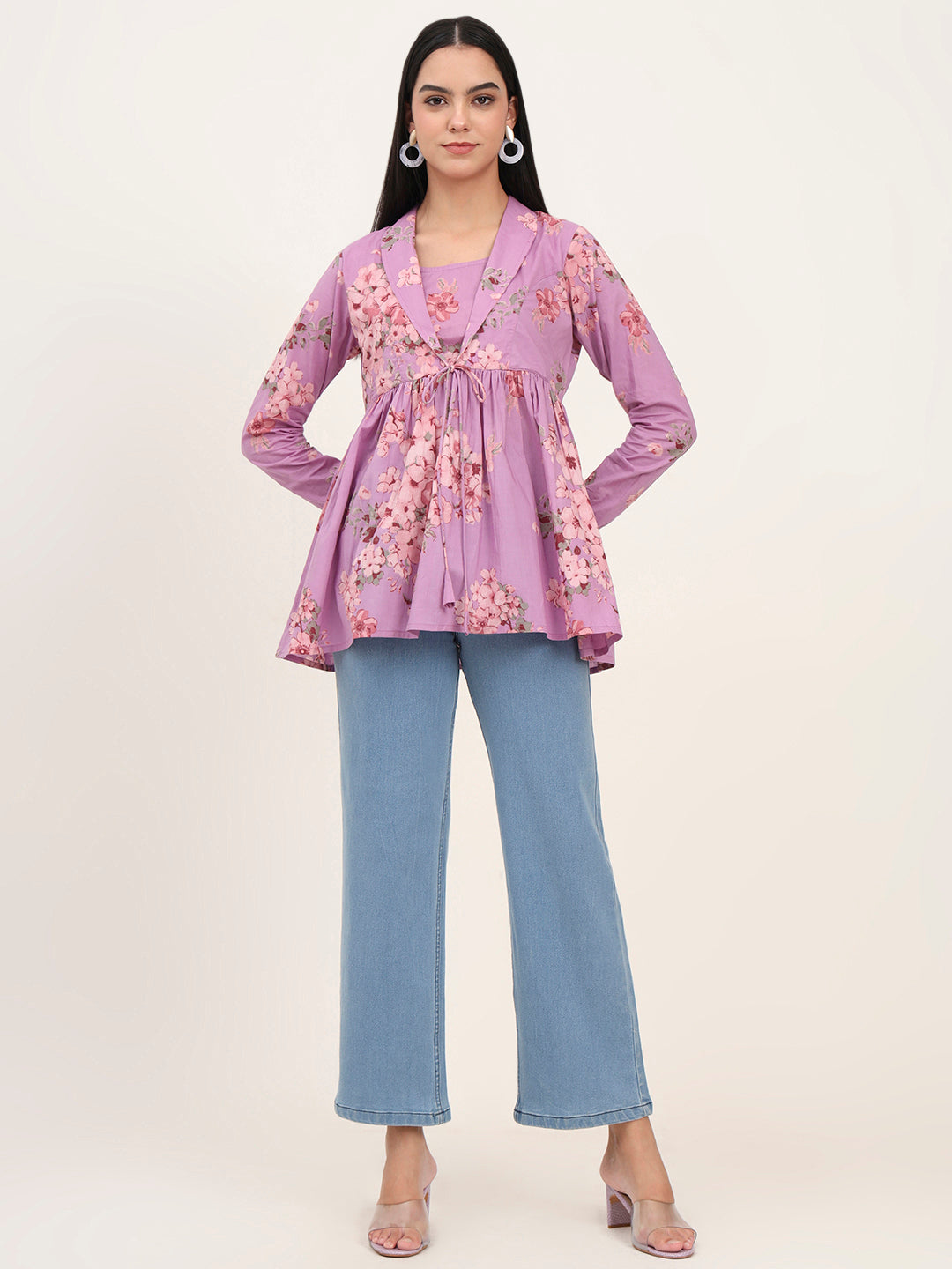 Purple Floral Print Cotton Fabric Lepal Coller Peplum Top