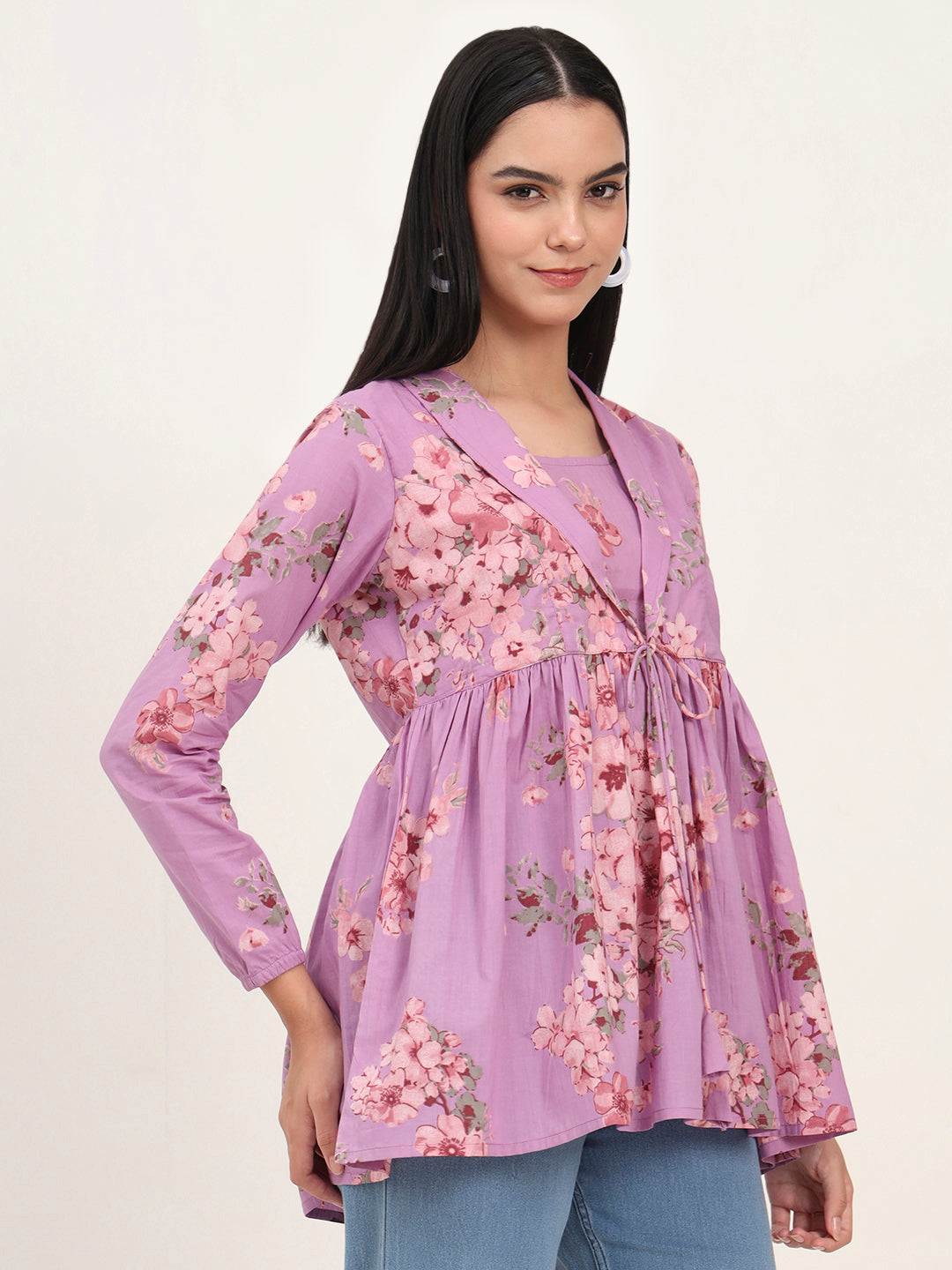 Purple Floral Print Cotton Fabric Lepal Coller Peplum Top