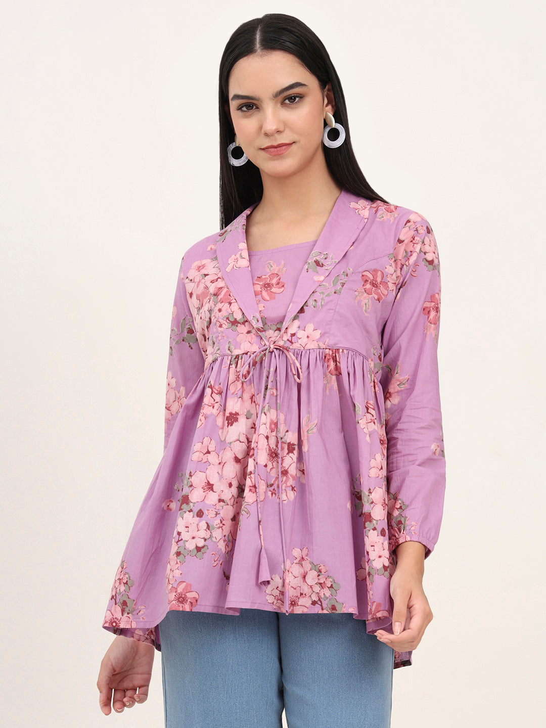 Purple Floral Print Cotton Fabric Lepal Coller Peplum Top