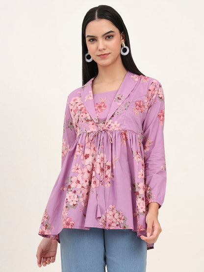 Purple Floral Print Cotton Fabric Lepal Coller Peplum Top