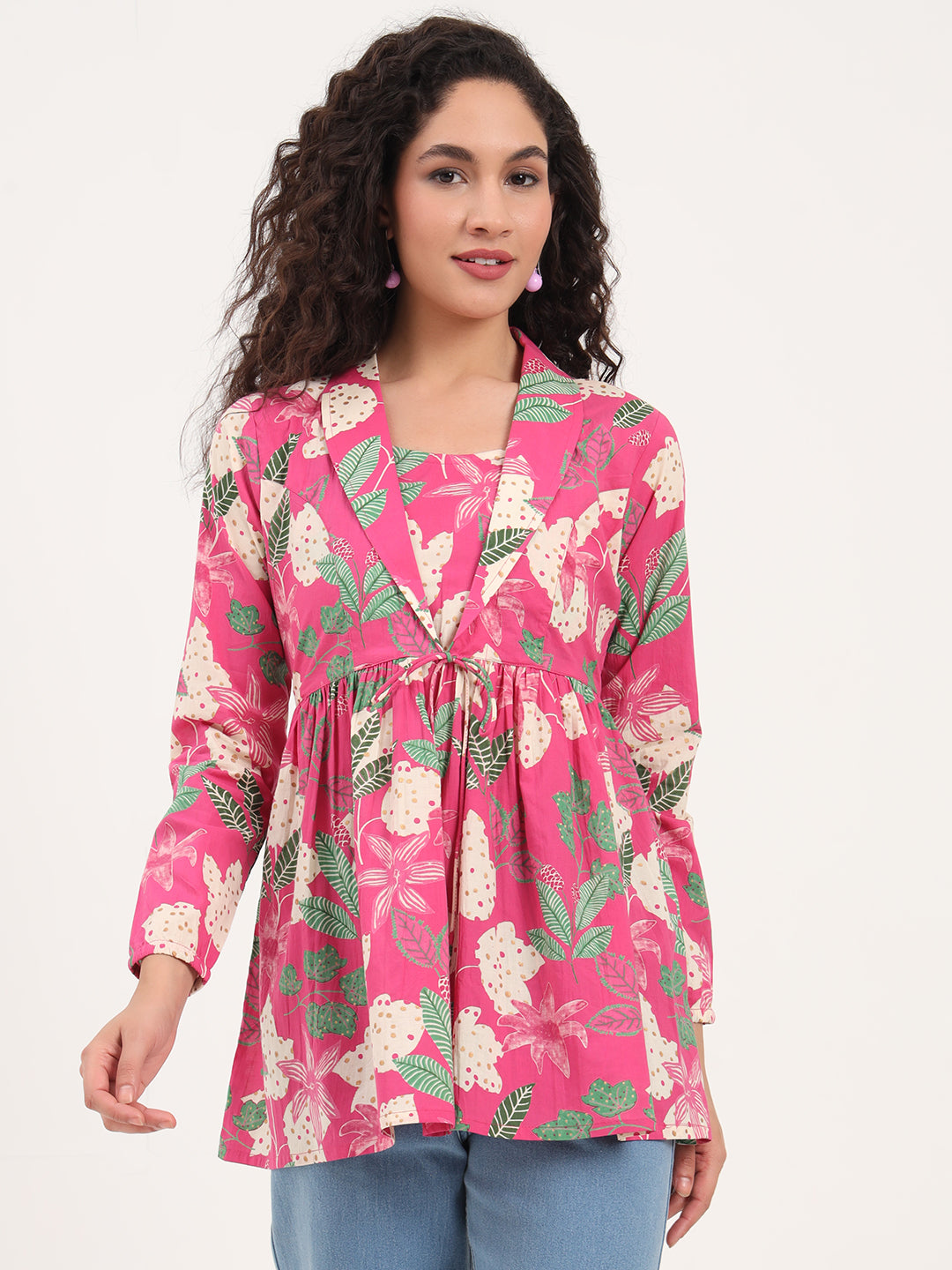 Pink Floral Print Cotton Fabric Lepal Coller Peplum Top
