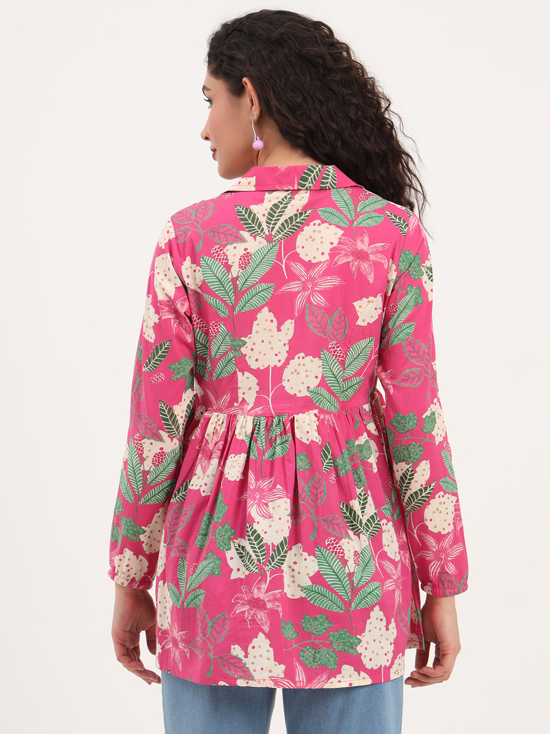 Pink Floral Print Cotton Fabric Lepal Coller Peplum Top