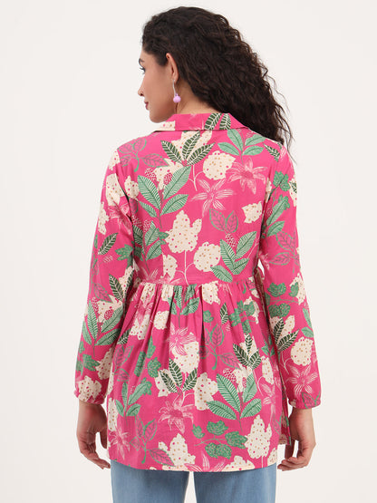 Pink Floral Print Cotton Fabric Lepal Coller Peplum Top