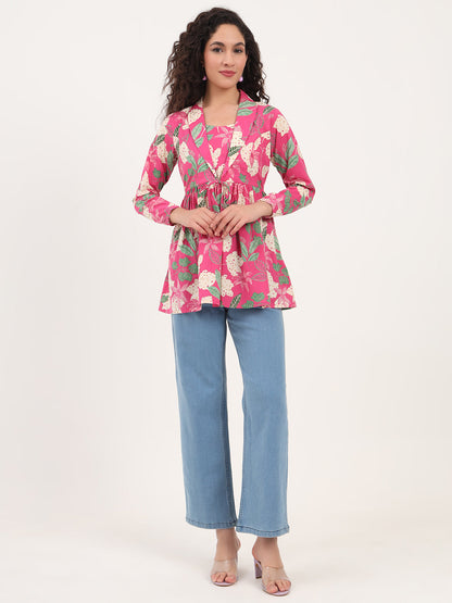 Pink Floral Print Cotton Fabric Lepal Coller Peplum Top