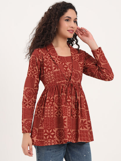 Brown Floral Cotton Fabric Lepal Coller Peplum Top