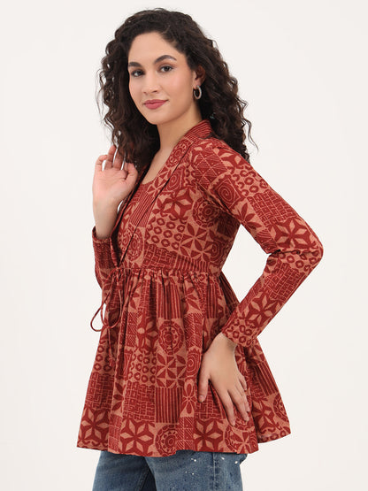 Brown Floral Cotton Fabric Lepal Coller Peplum Top