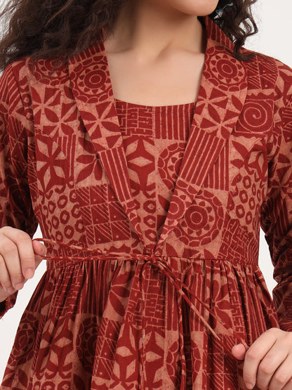 Brown Floral Cotton Fabric Lepal Coller Peplum Top
