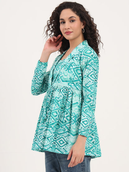 Teal Green Floral Cotton Fabric Lepal Coller Peplum Top