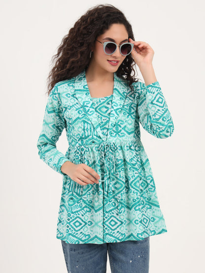 Teal Green Floral Cotton Fabric Lepal Coller Peplum Top