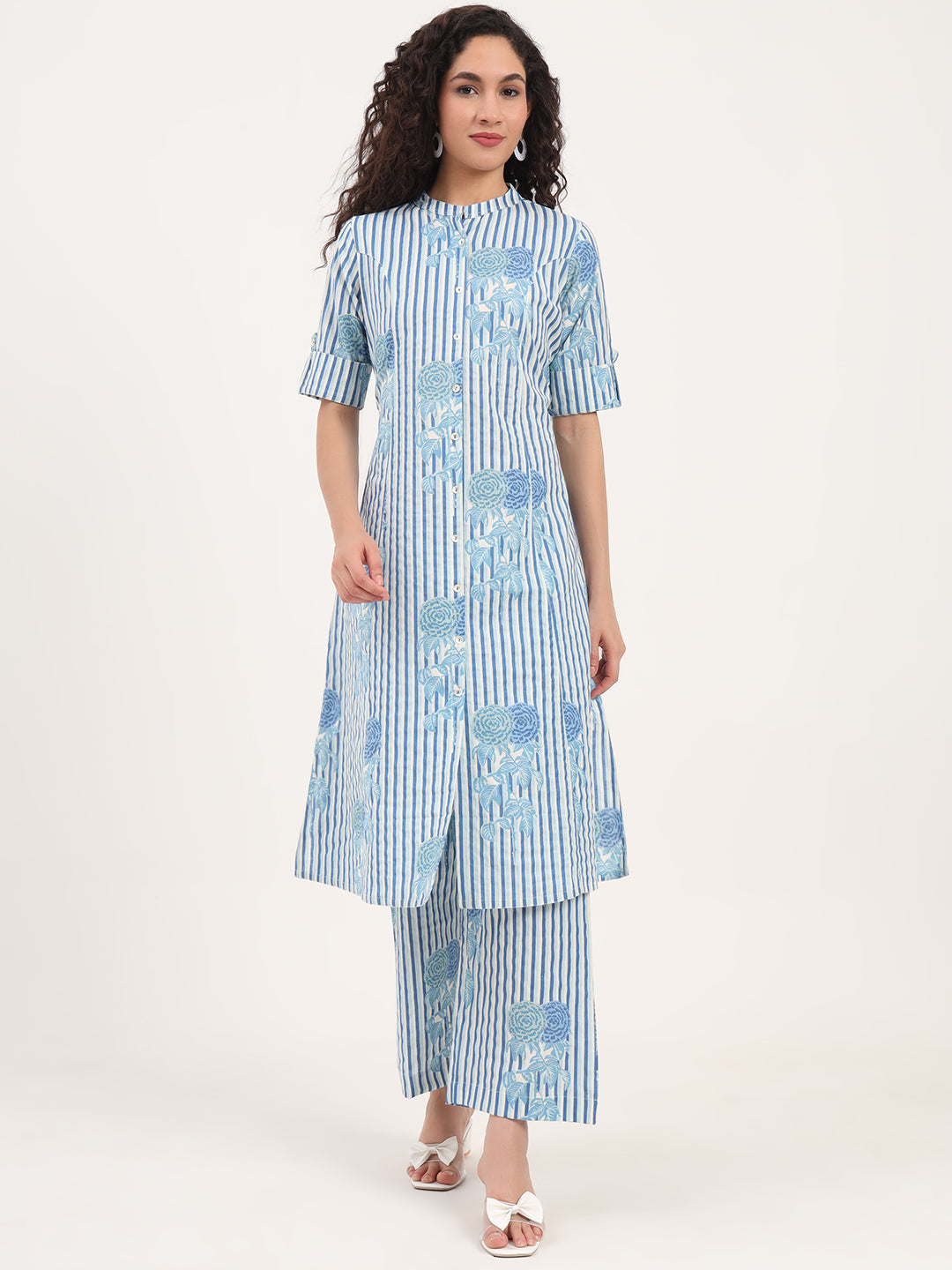 Blue Floral Printed Cotton Kurta Set