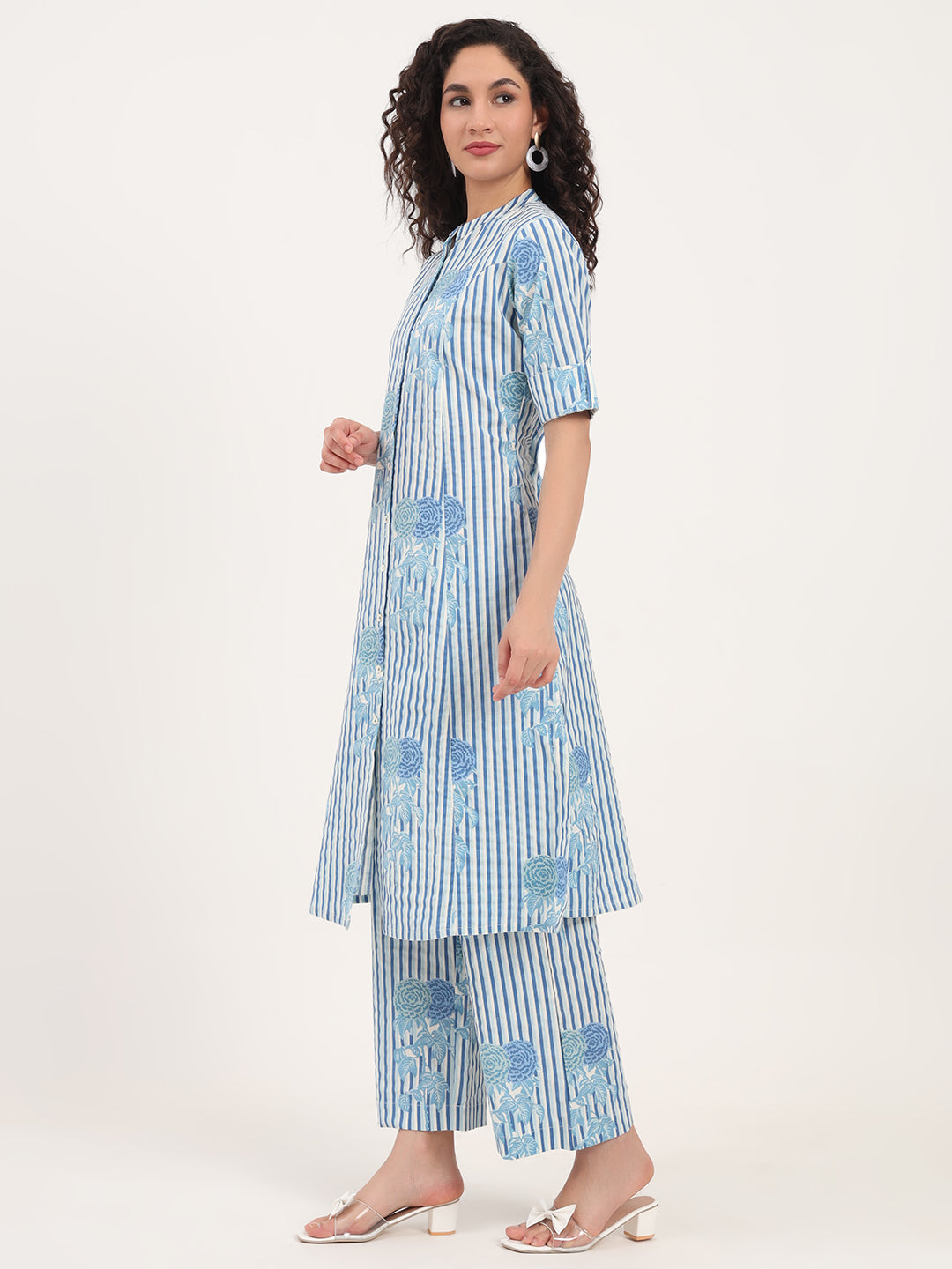 Blue Floral Printed Cotton Kurta Set