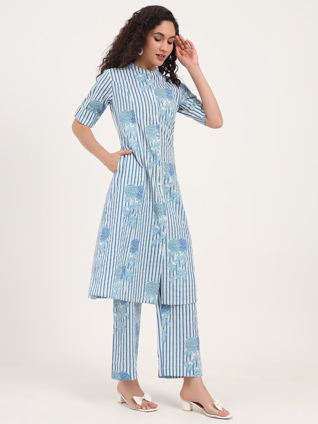 Blue Floral Printed Cotton Kurta Set