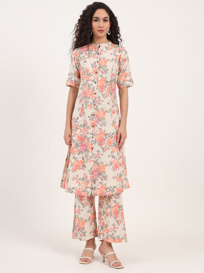 Cream Floral Printed Cotton Kurta Sets