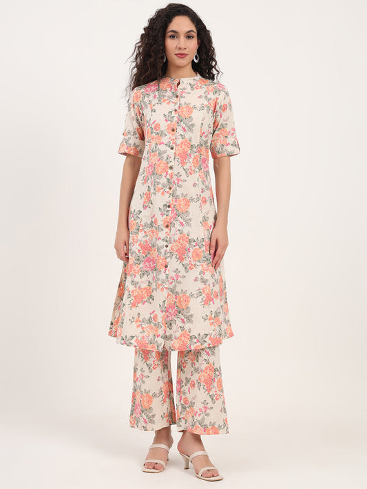 Cream Floral Printed Cotton Kurta Sets