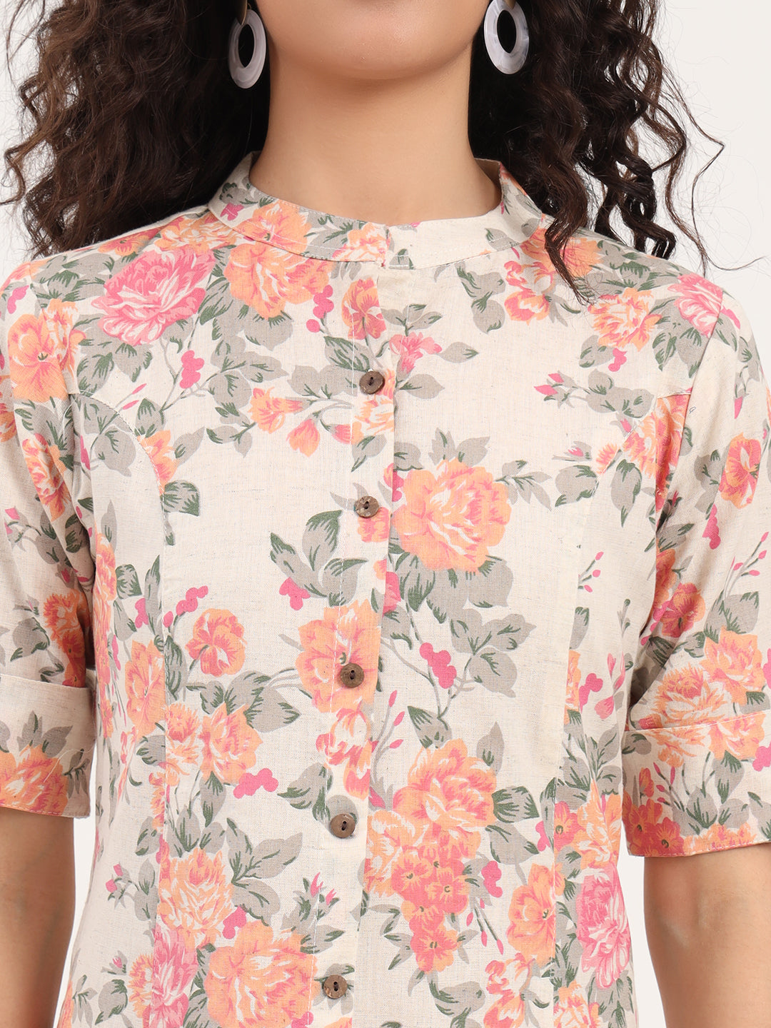 Cream Floral Printed Cotton Kurta Sets