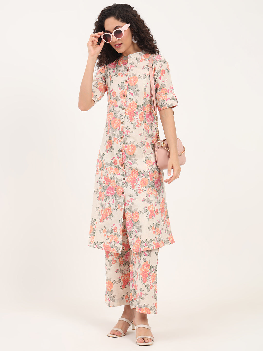Cream Floral Printed Cotton Kurta Sets