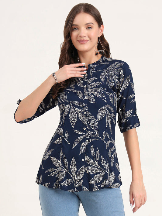 Navy Blue Rayon Rollup Sleeves A-Line Top