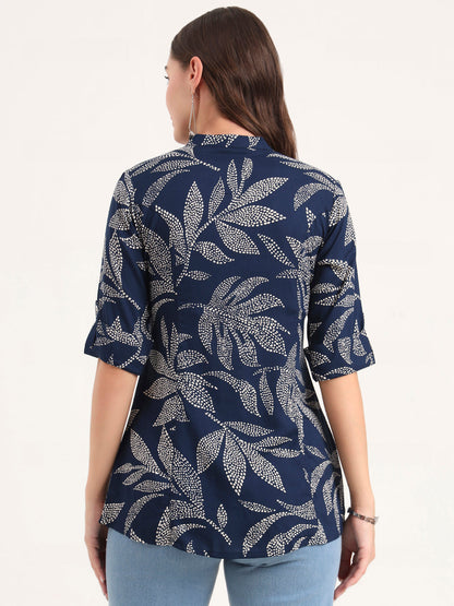 Navy Blue Rayon Rollup Sleeves A-Line Top