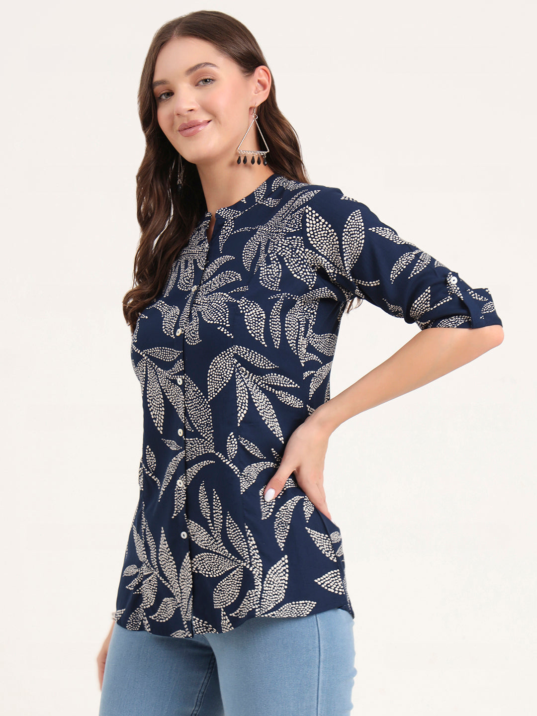 Navy Blue Rayon Rollup Sleeves A-Line Top