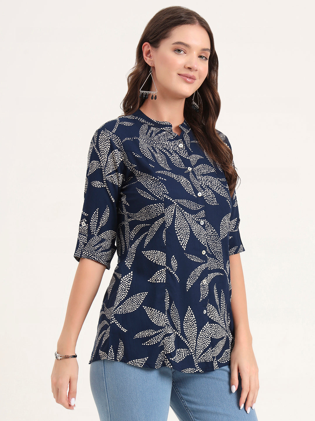 Navy Blue Rayon Rollup Sleeves A-Line Top
