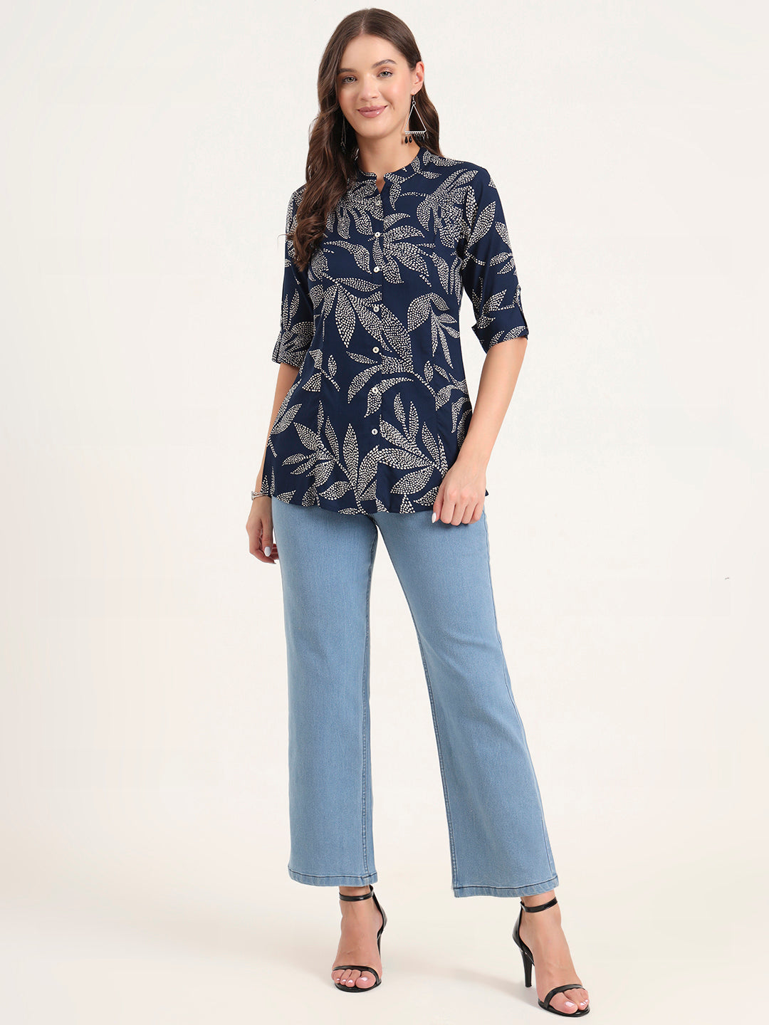 Navy Blue Rayon Rollup Sleeves A-Line Top