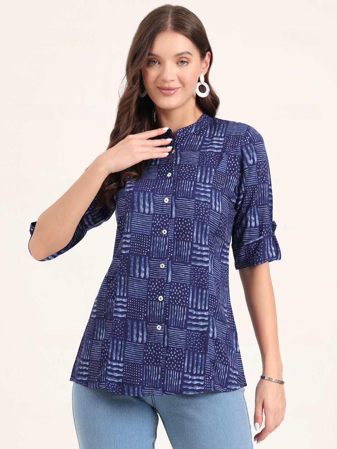 Blue Rayon Rollup Sleeves A-Line Top