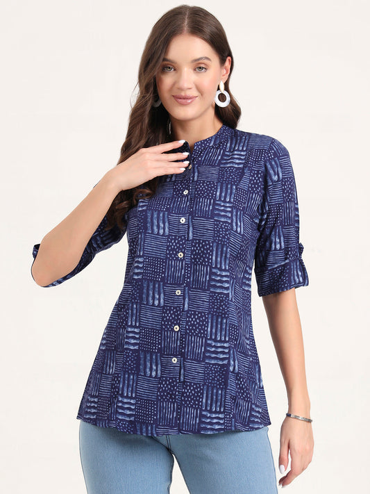 Blue Rayon Rollup Sleeves A-Line Top