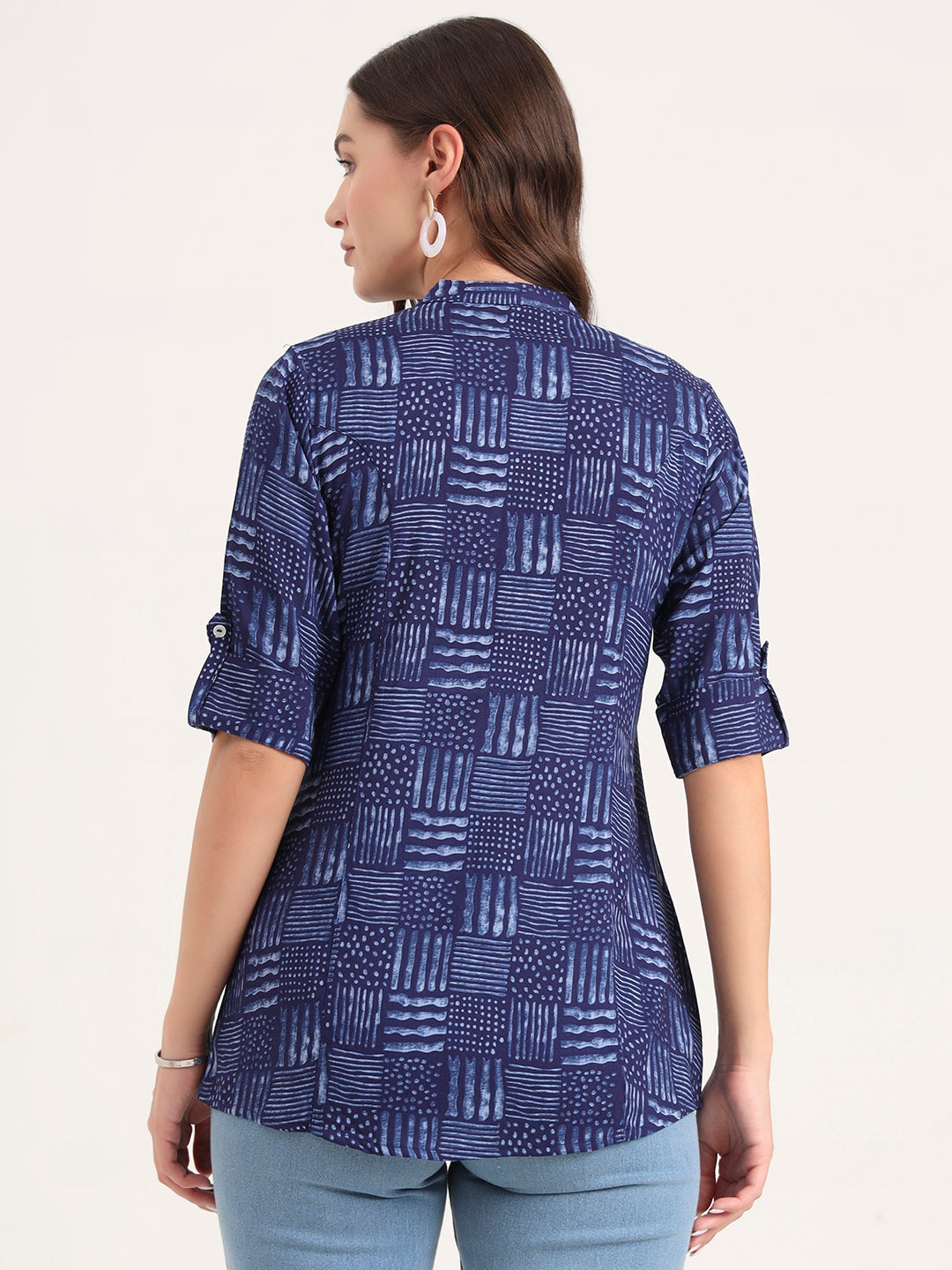 Blue Rayon Rollup Sleeves A-Line Top