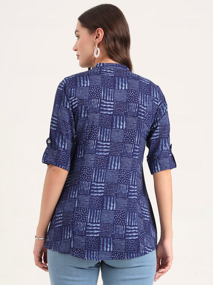 Blue Rayon Rollup Sleeves A-Line Top