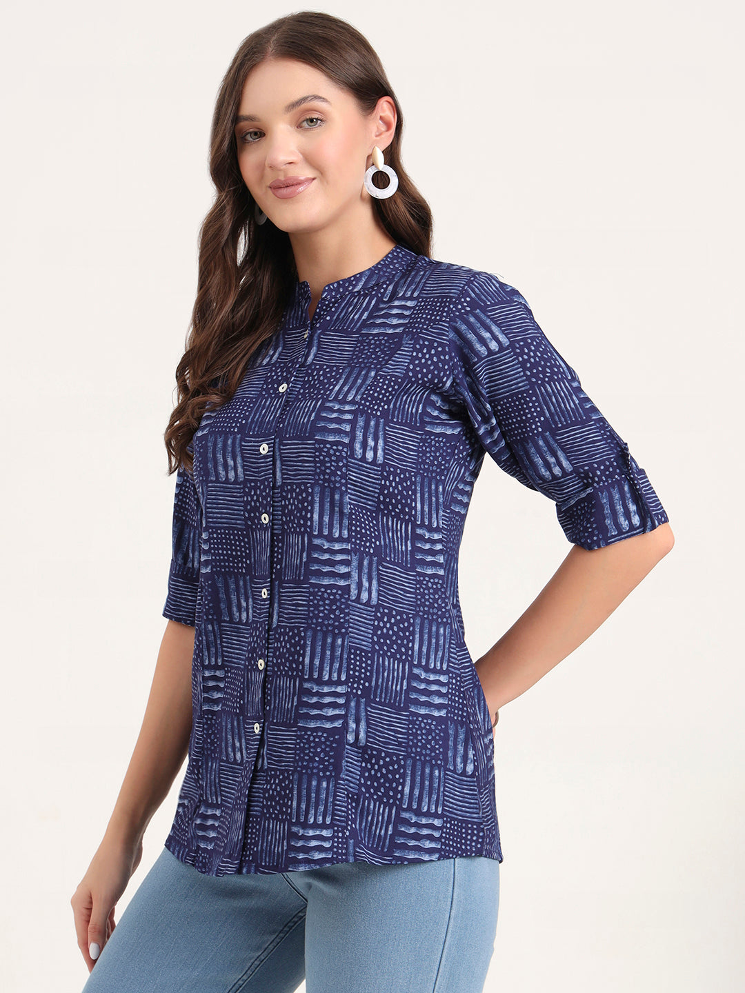 Blue Rayon Rollup Sleeves A-Line Top
