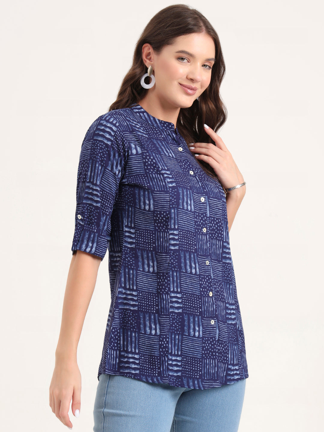 Blue Rayon Rollup Sleeves A-Line Top