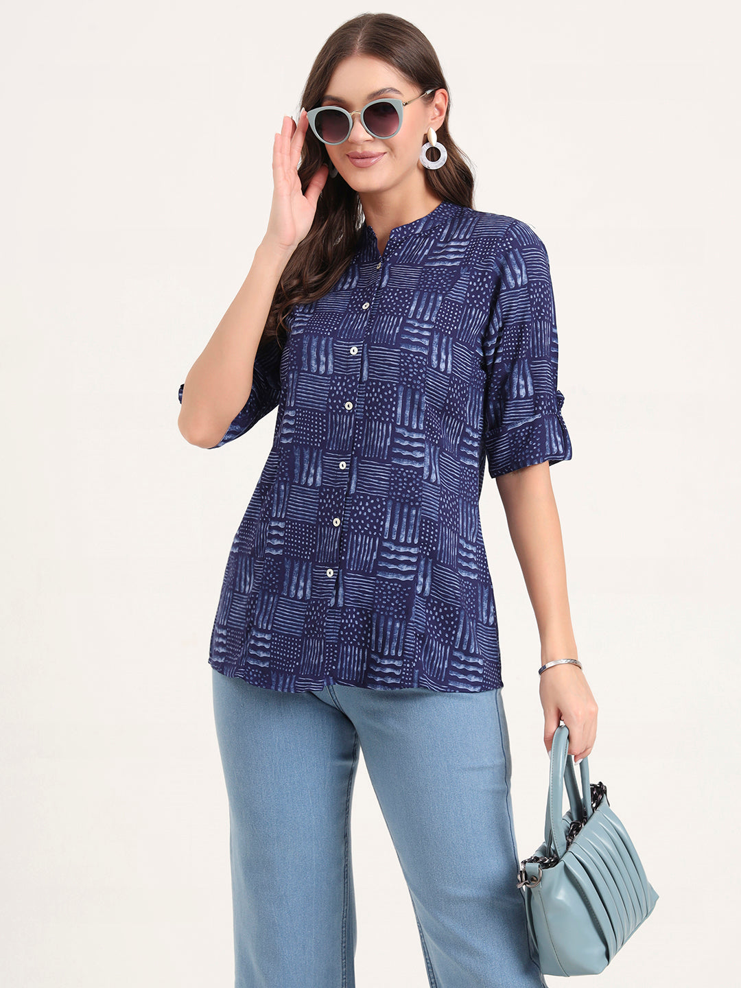 Blue Rayon Rollup Sleeves A-Line Top
