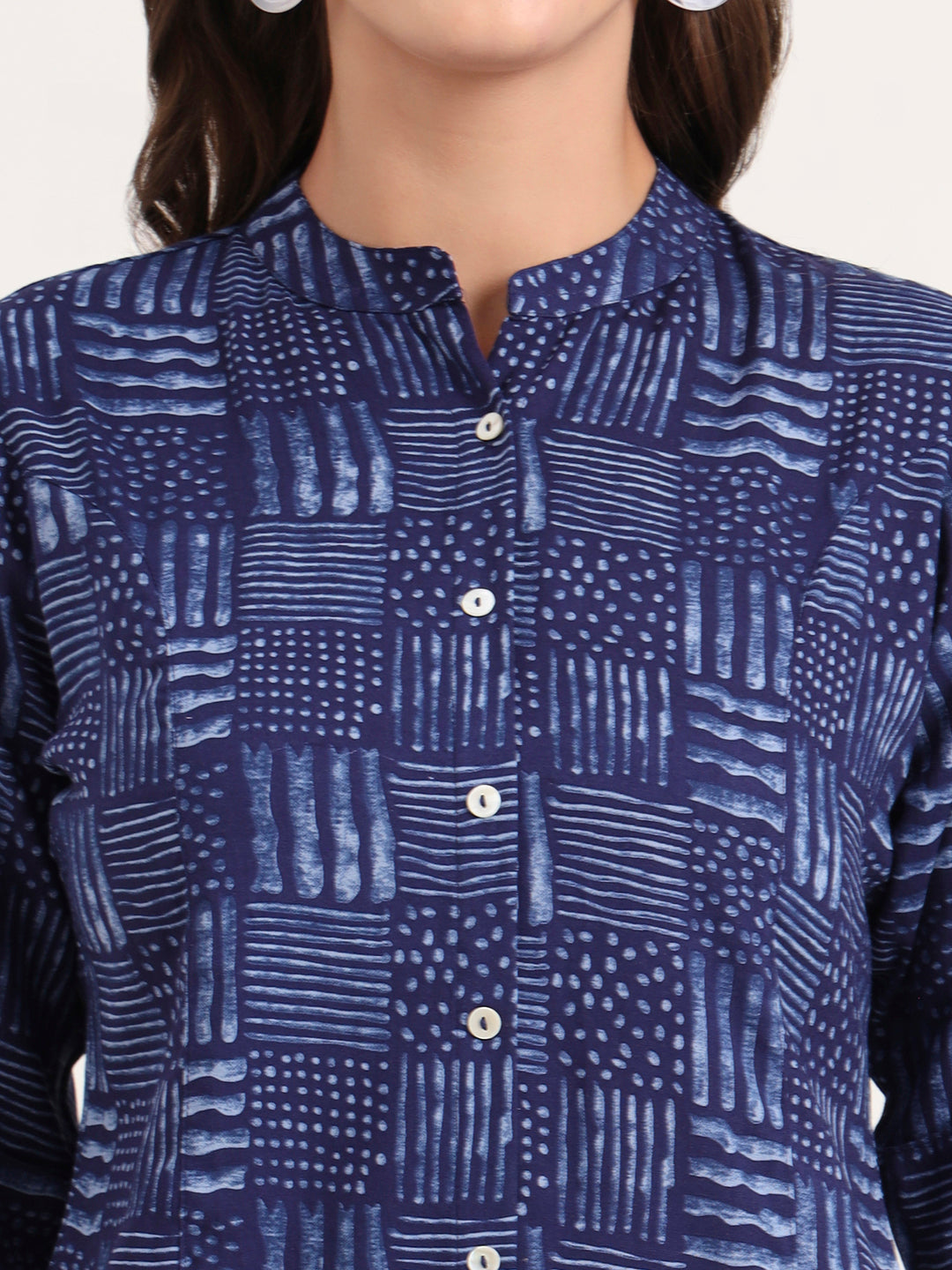 Blue Rayon Rollup Sleeves A-Line Top