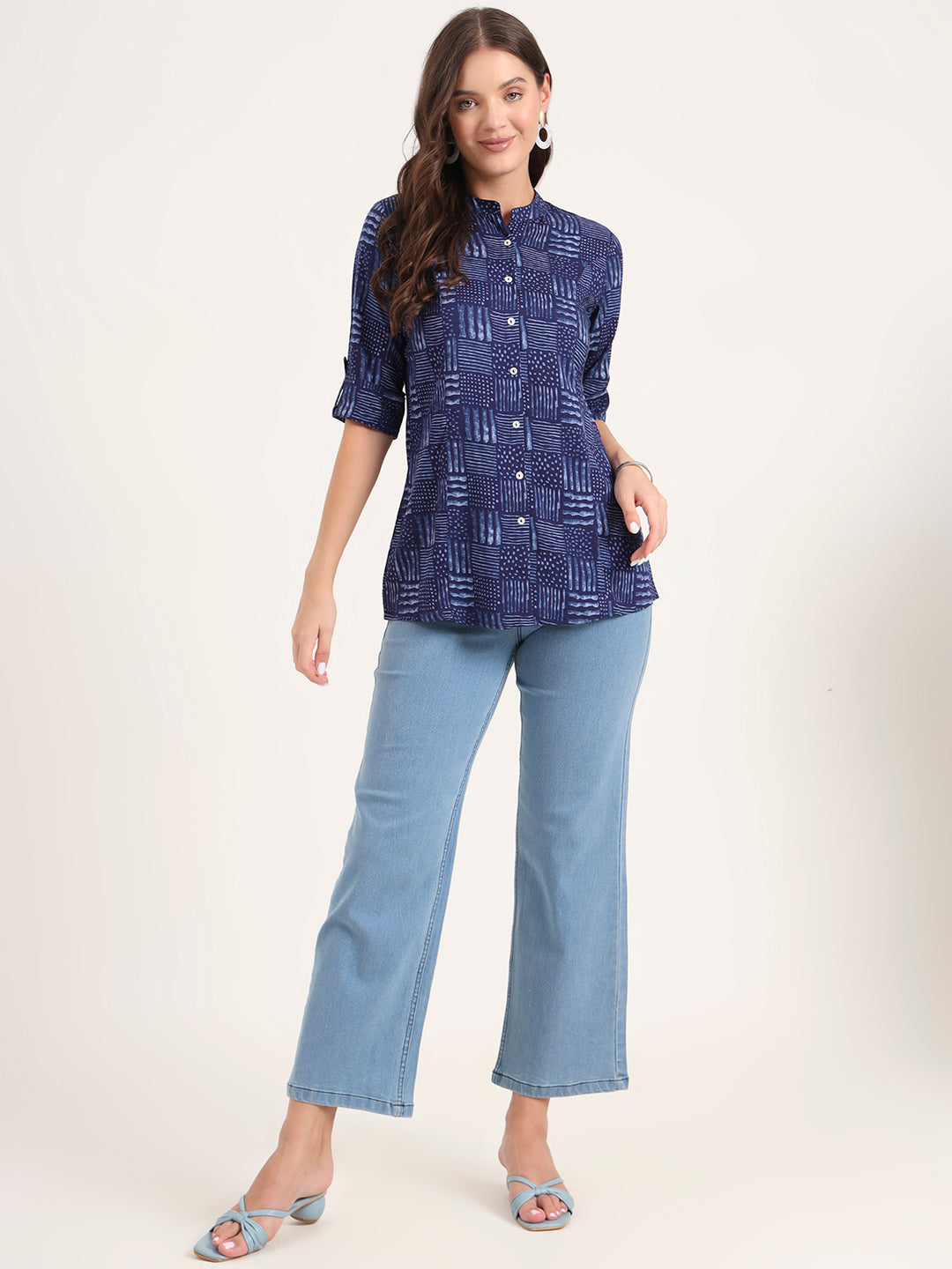 Blue Rayon Rollup Sleeves A-Line Top
