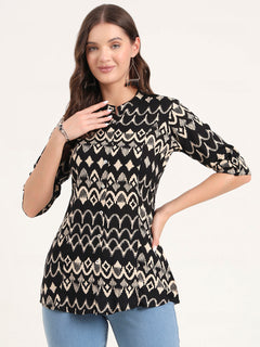 Black Rayon Rollup Sleeves A-Line Top