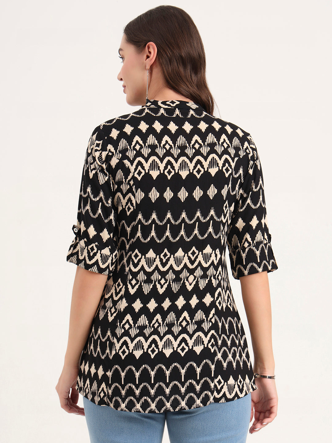 Black Rayon Rollup Sleeves A-Line Top