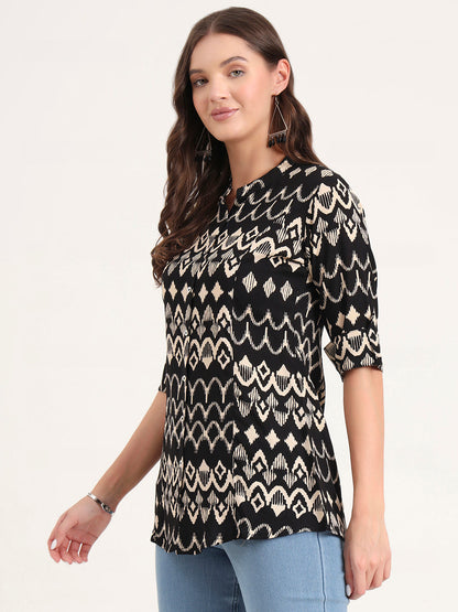 Black Rayon Rollup Sleeves A-Line Top