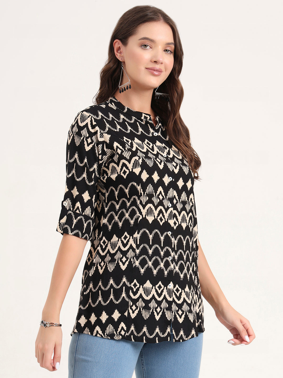 Black Rayon Rollup Sleeves A-Line Top